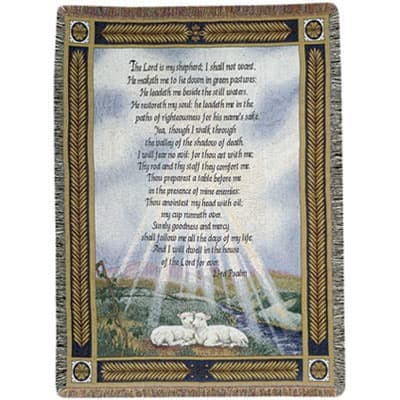 Decorative wall tapestry with Psalm text and sheep in a pastoral scene