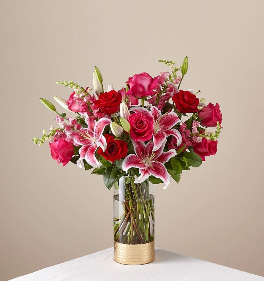 Always You Luxury Bouquet - The bouquet is about 27"H by 24"W. For long–lasting blooms replace water and trim stems daily. The bouquet pictured reflects our original design for this product. While we always try to follow the color palette, we may replace stems to deliver the freshest bouquet possible, and we may sometimes need to use a different vase.
