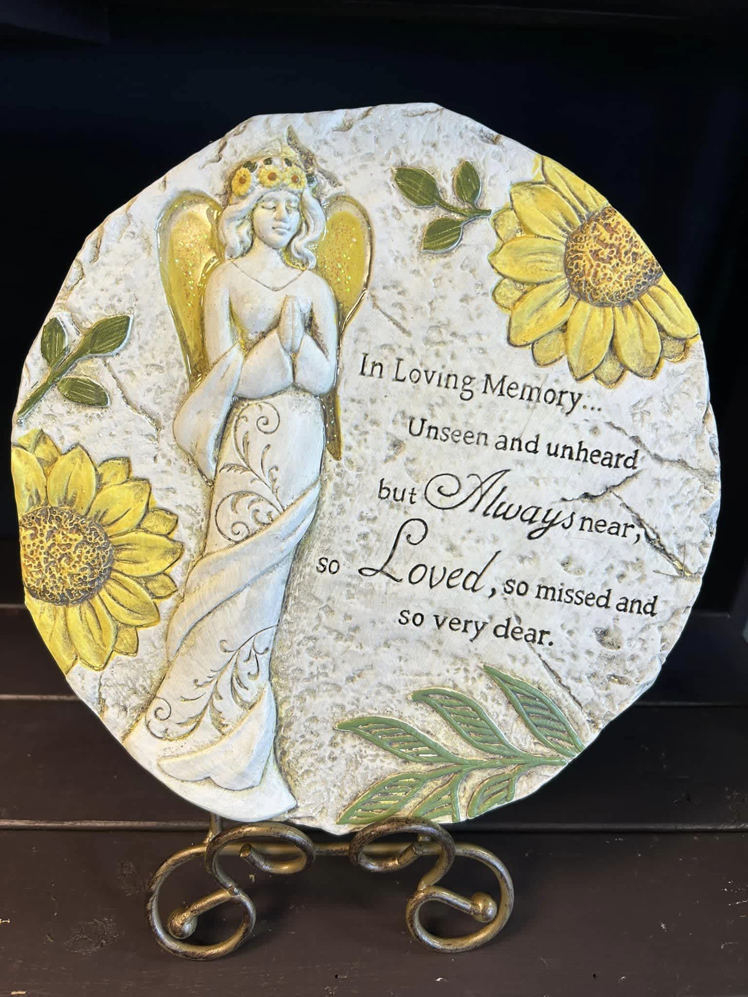 Sunflower Angel Plaque on Stand - This plaque reads "In Loving Memory unsee and unheard but always near, so loved, so missed and so very dear"