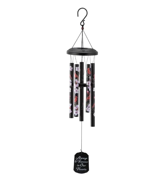 Black memorial wind chime with floral tubes and a hanging plaque