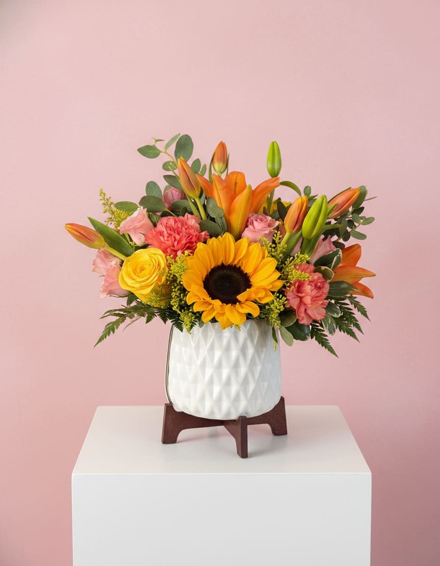 Mixed bouquet with sunflower, lilies, roses, and carnations in a white vase