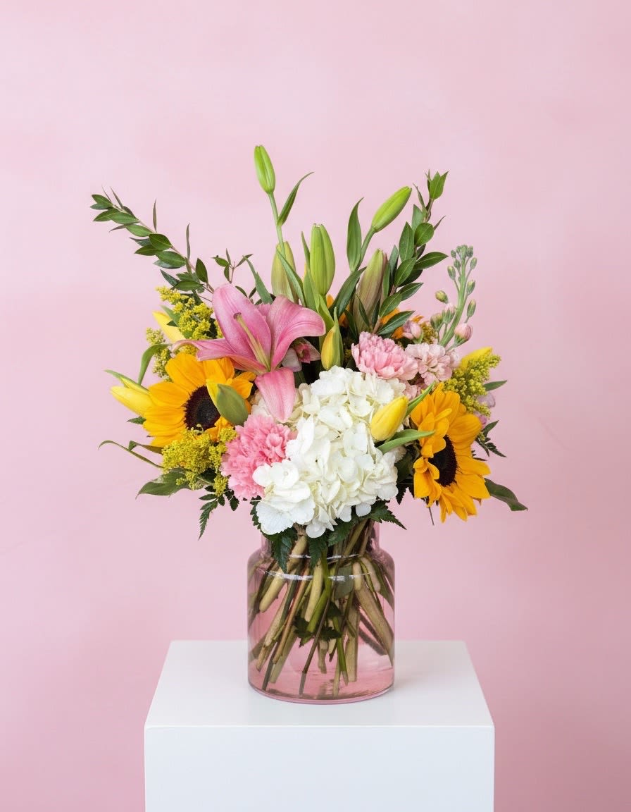 Pink Serene - Vase full of luscious flowers... Sunflowers, lillies, carnations and more