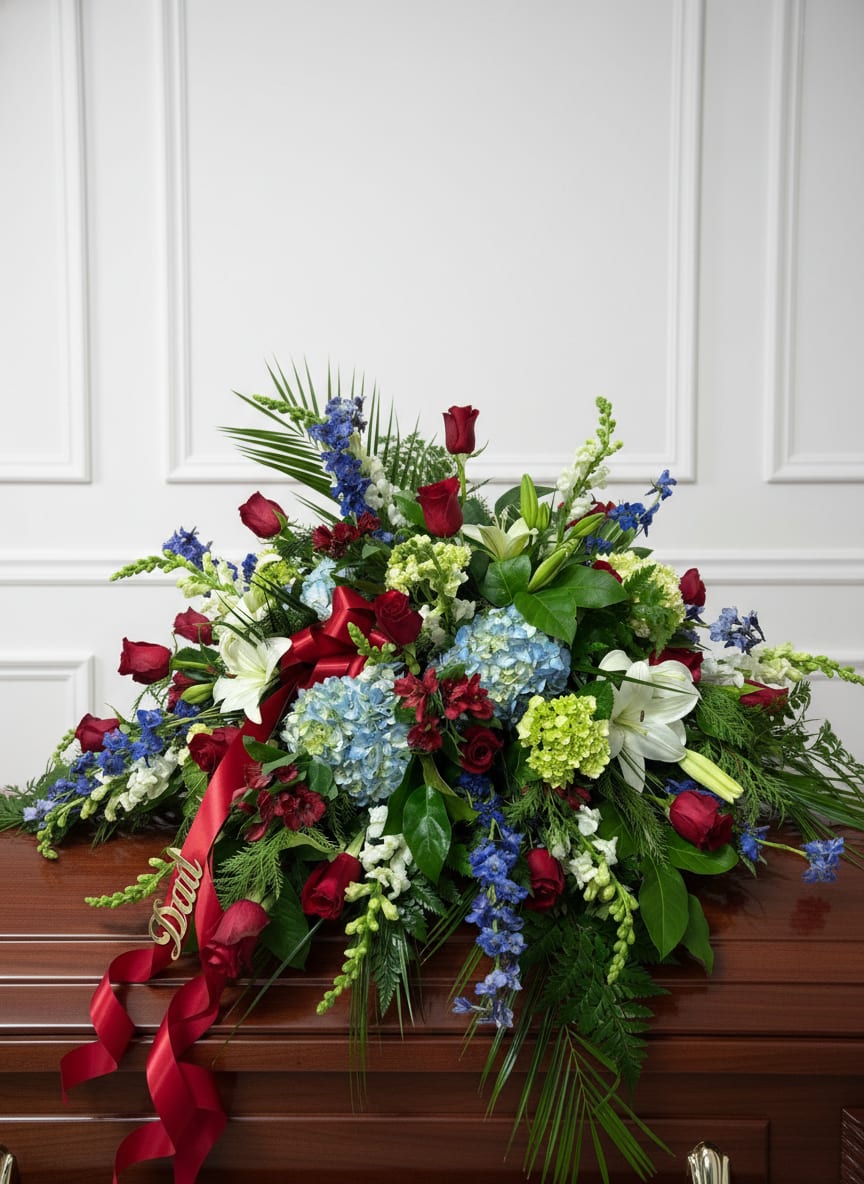Red, White and Blue Casket Spray - This Casket Spray honors our Veterans, First Responders and more