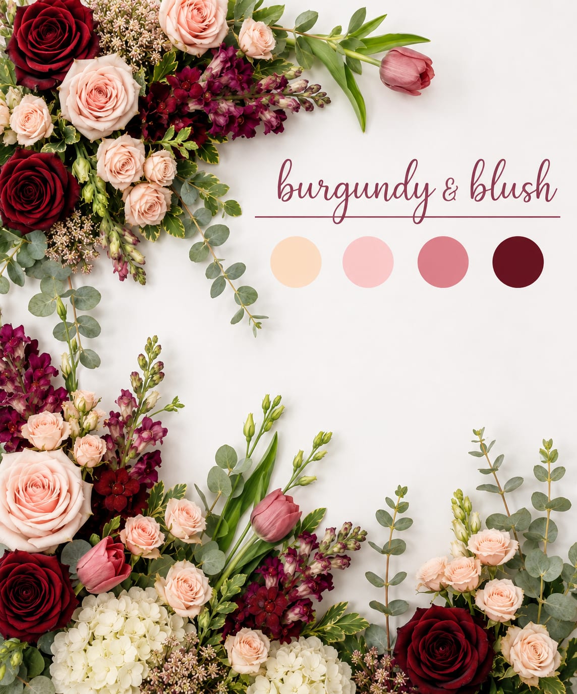 Burgundy and blush floral arrangement with roses, tulips, and hydrangeas