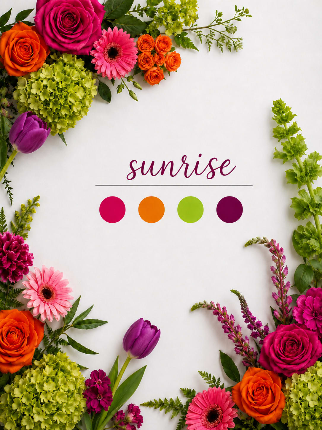 Colorful floral border around the word sunrise on a white background