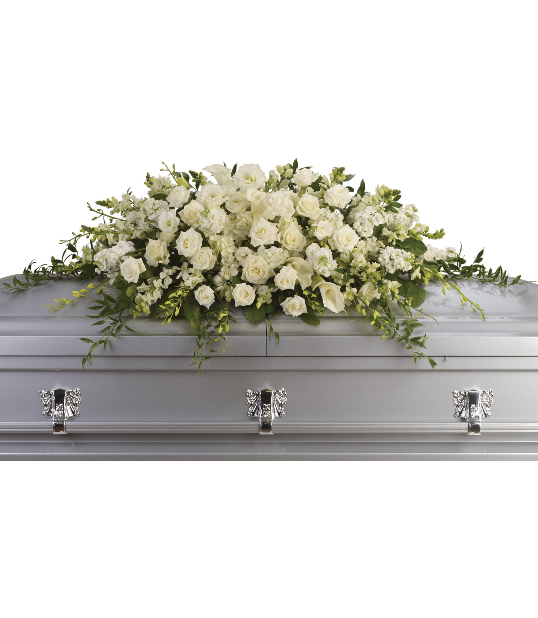 Peace and Purity Casket Spray  - A stunning yet respectful testament in white, this spray for the casket includes roses, orchids, calla lilies and hydrangea accented by soft, trailing greens. 