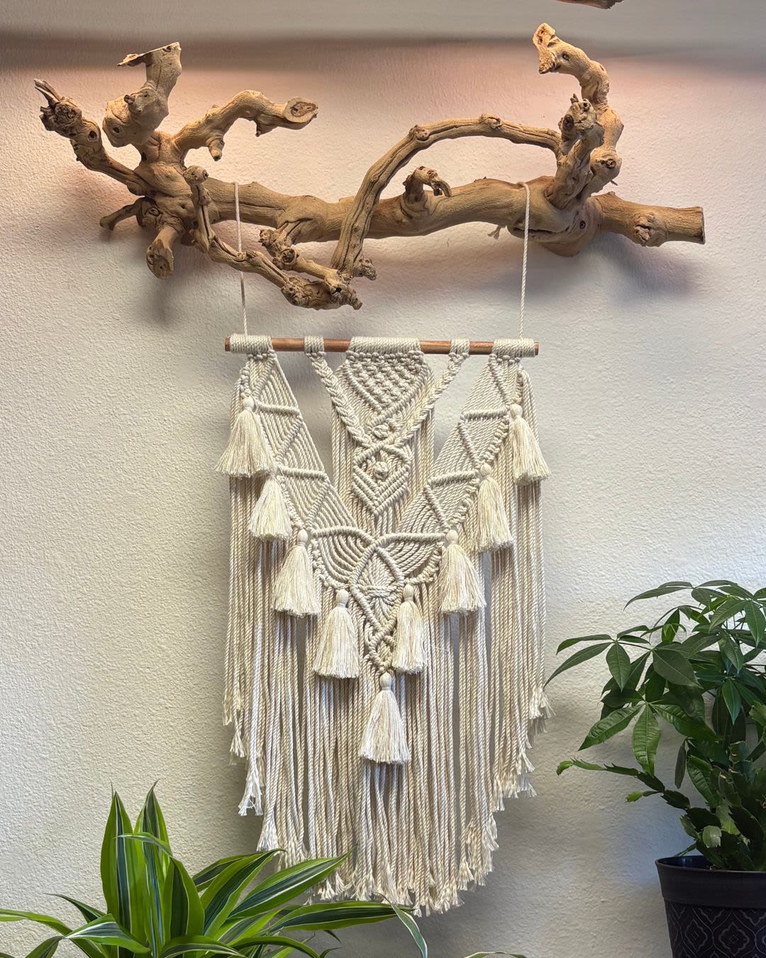 Macrame wall hanging suspended from a driftwood branch with potted plants below