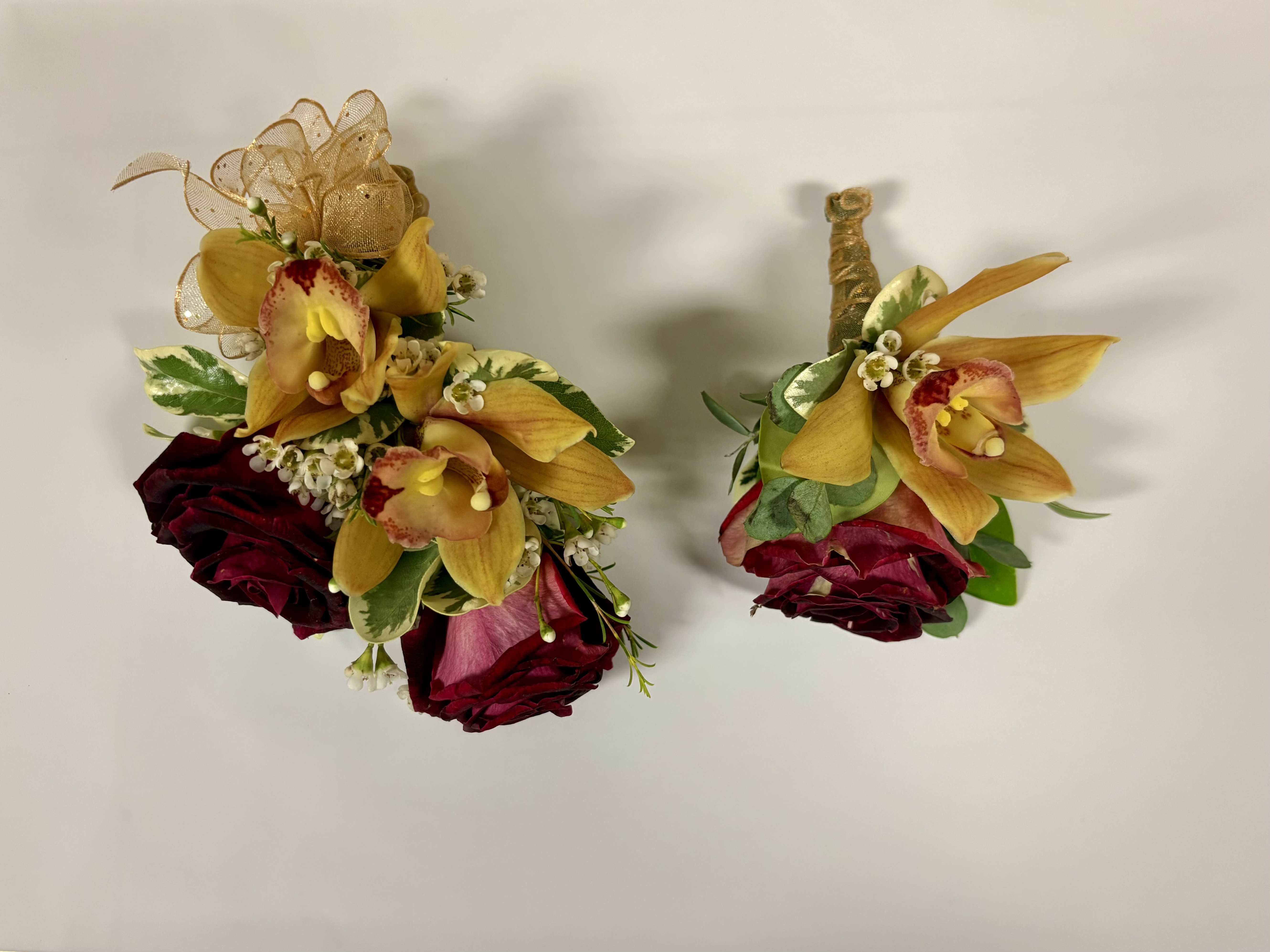 Standard Rose with Cymbidium Orchid Corsage and Boutonniere - Pictured: Striped Red Standard Rose with Cymbidium Orchid Corsage and Boutonniere