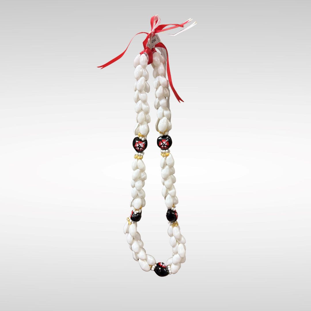 Kukui Nut Lei Red and Black Flower with Pukka Shells - Kukui Nut Lei Red and Black Flower with White Pukka Shells. Made in the Phillipines