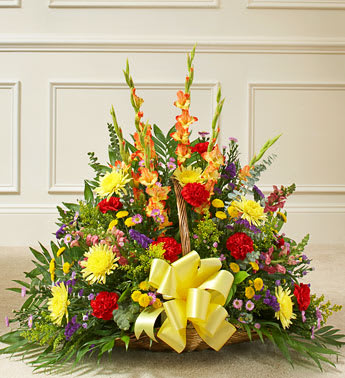 Thoughts and Prayers Fireside Basket - Bright - This touching tribute beautifully conveys your sympathy and support with elegant bright blooms. Bright-colored gladiolas, cremones, carnations, button poms, monte casino and more, hand-arranged by our expert florists Traditionally sent by family, friends or business associates elivered directly to the funeral home Our florists use only the freshest flowers available so varieties and colors may vary Basket measures 21"L Measures approximately 28âH x 28âL