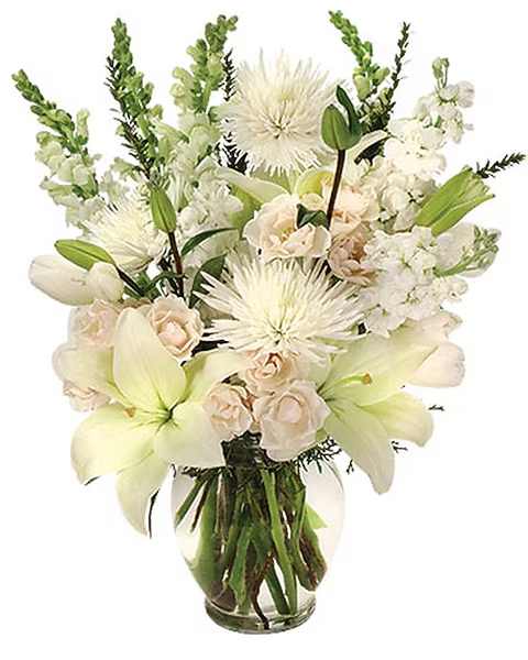 White lilies and pale roses in a glass vase