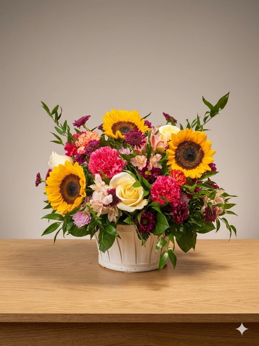 Mixed bouquet with sunflowers, roses, and carnations in a white basket