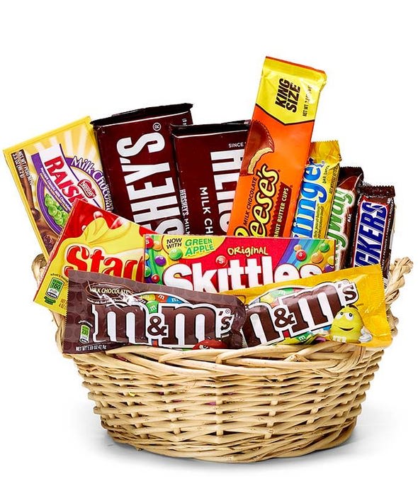 Basket of assorted candy bars and chocolates