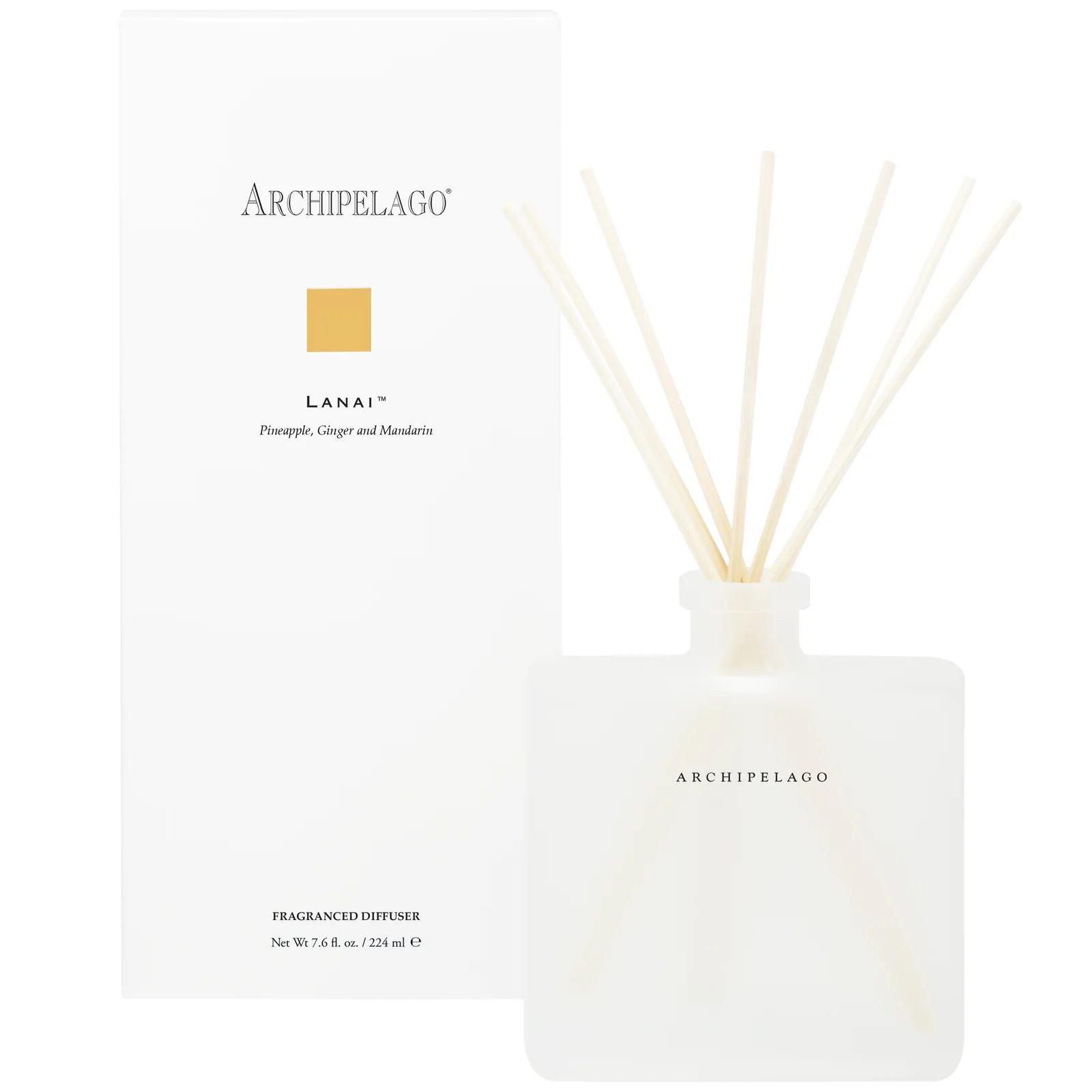 White Archipelago reed diffuser bottle with boxed packaging