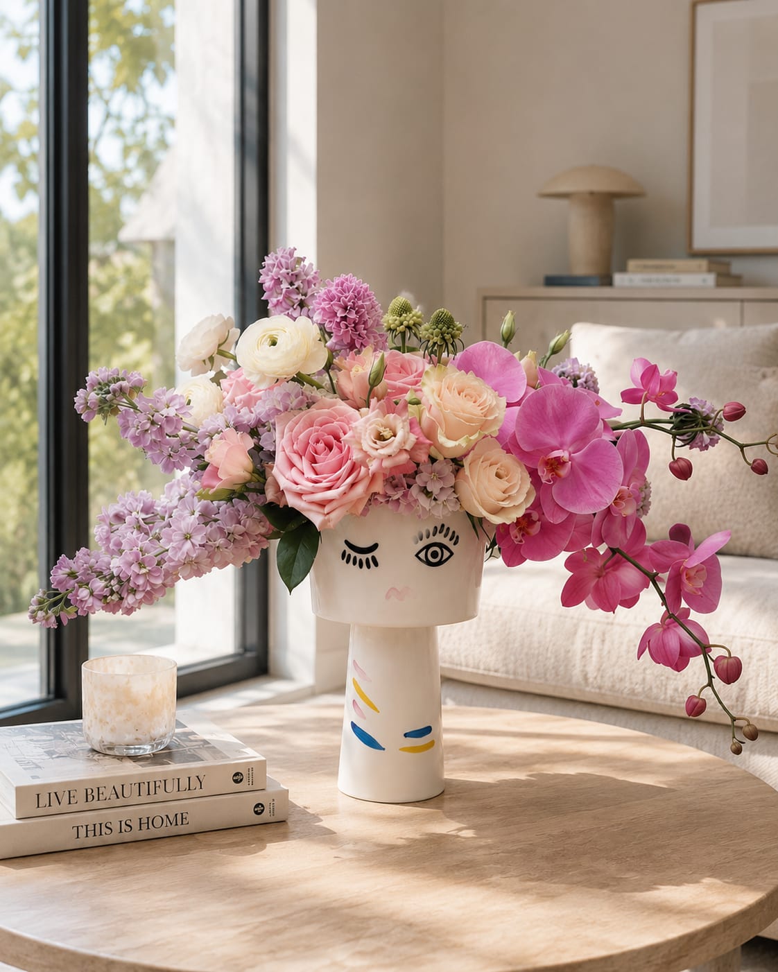 Pink and lavender floral arrangement in a face-shaped vase on a table