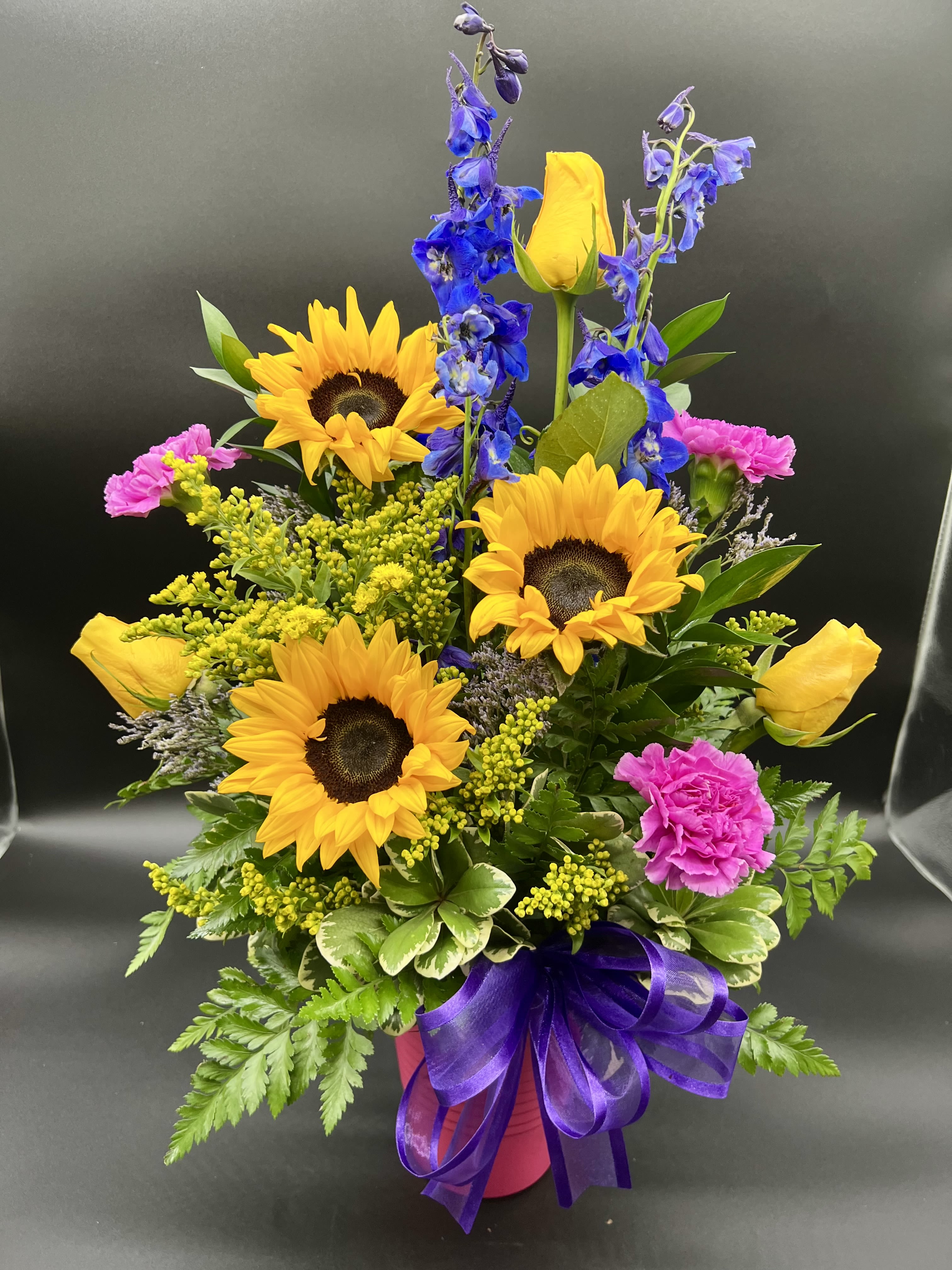 Morning - Delphenium Roses Carnation Sunflower Solidagos