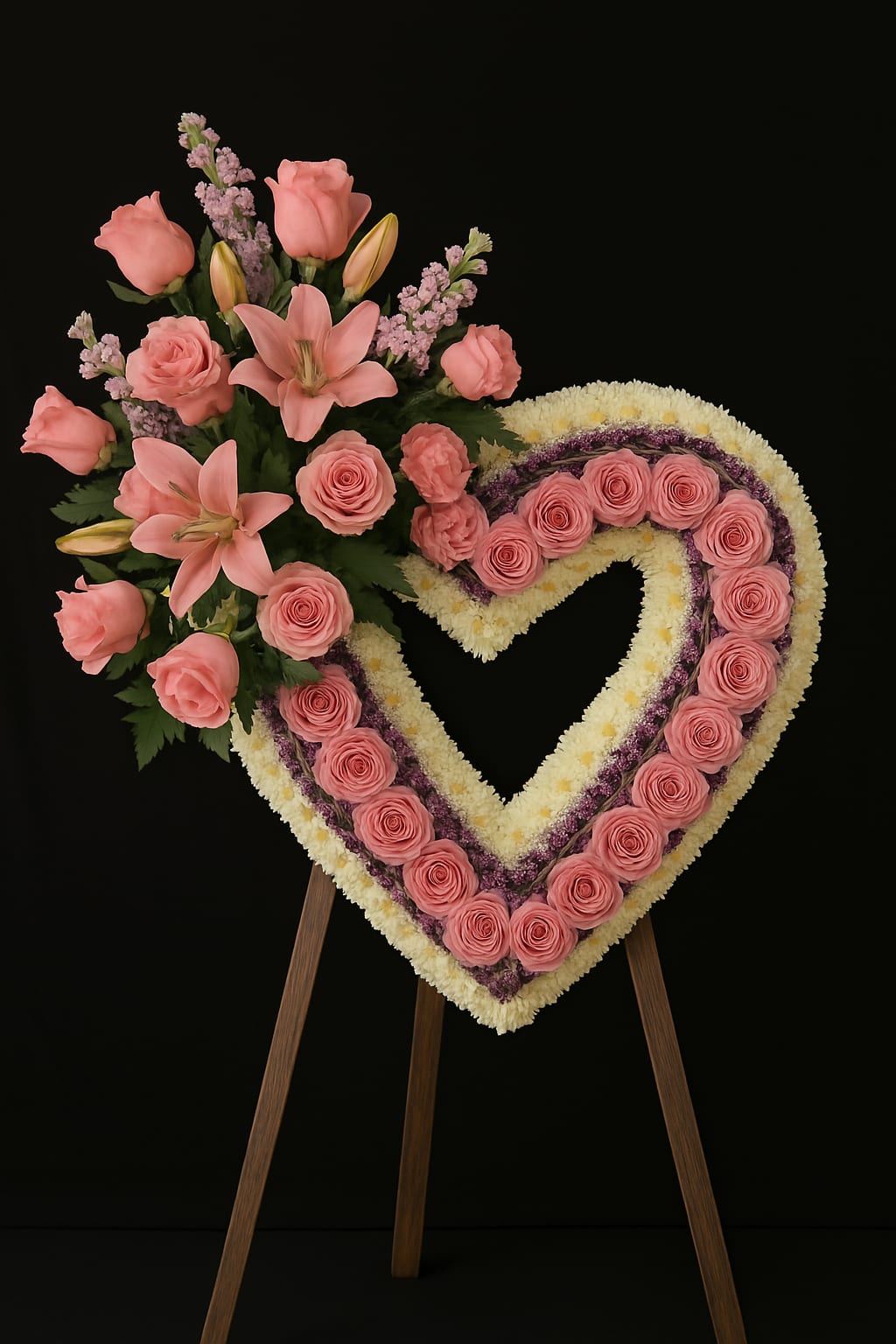 Softelegance - A stunning heart-shaped floral tribute designed with vibrant pink roses, lilies, and delicate lavender accents, beautifully arranged on a bed of soft white blooms — a heartfelt expression of love and remembrance.