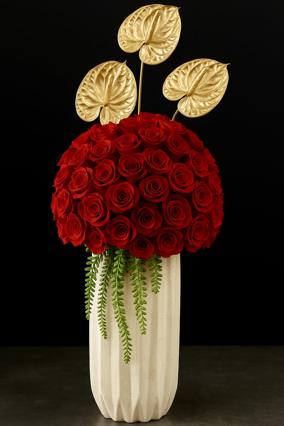Tall cream vase filled with a dome of red roses, trailing greenery, and three gold anthurium stems