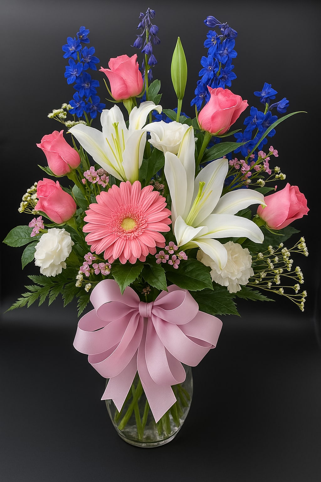 Perfect - A bouquet that feels like springtime in full bloom! Featuring soft pink roses and gerbera daisies, elegant white lilies, pops of royal blue delphinium, and delicate accents—all tied with a sweet pink bow. A perfect mix of grace and joy for any special moment.”