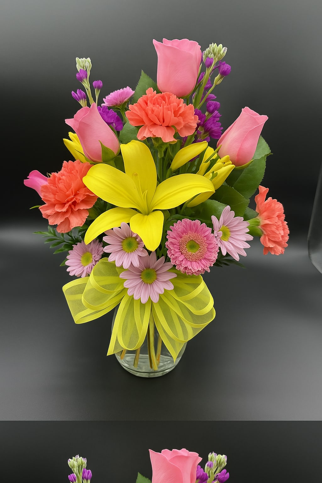    Morning  With You By Fernando's Flower Shop - A cheerful burst of sunshine! This vibrant bouquet features pink roses, coral carnations, yellow lilies, and dainty daisies—tied together with a bright yellow bow. Perfect for brightening someone’s day!