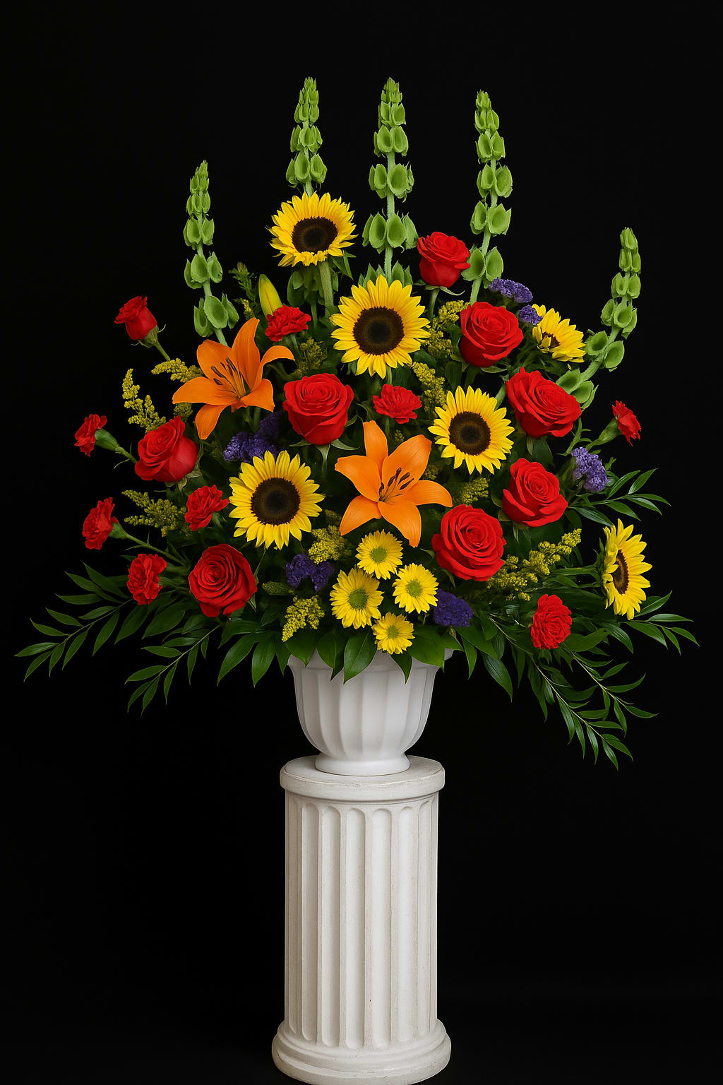 Love &amp; Remembrance - A bold and uplifting standing arrangement filled with sunflowers, orange lilies, red roses, and lush greenery. A radiant display of love and remembrance, perfect for honoring a vibrant life.