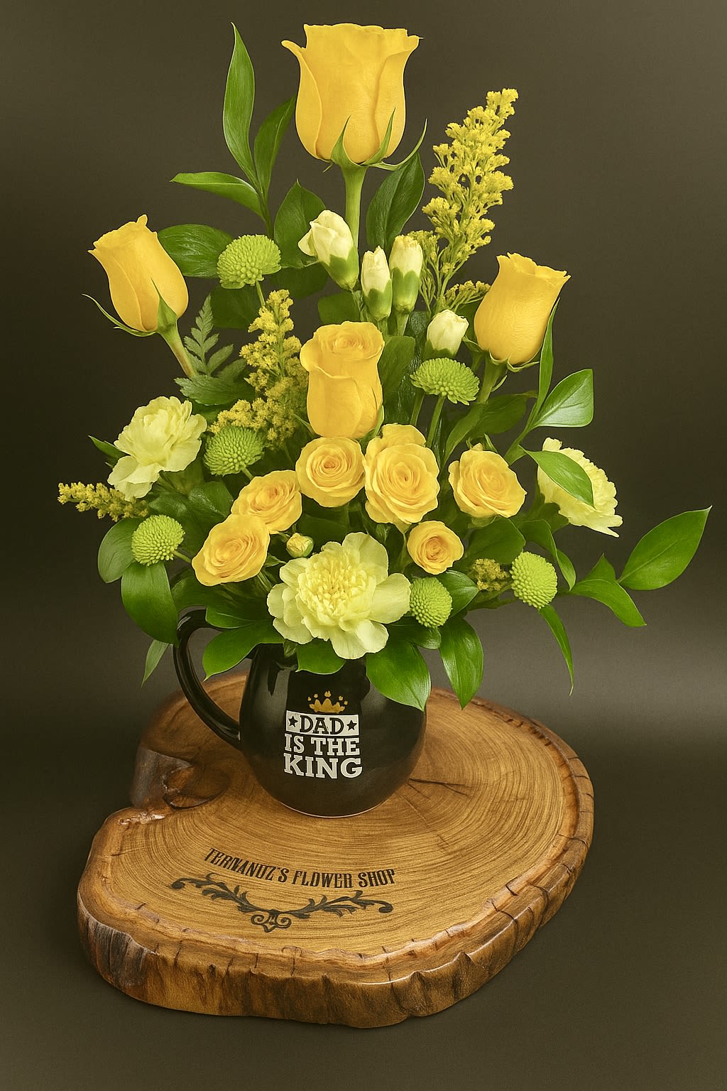 Yellow and green floral arrangement in a black “Dad is the King” mug on a wooden slab base