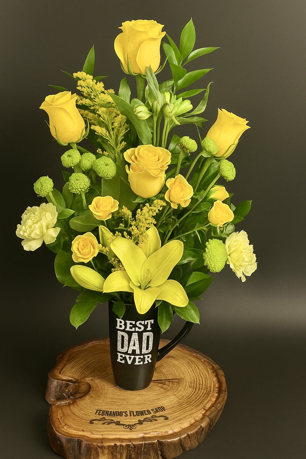 Tall yellow rose and lily arrangement in a black 'Best Dad Ever' mug on a wood slice base
