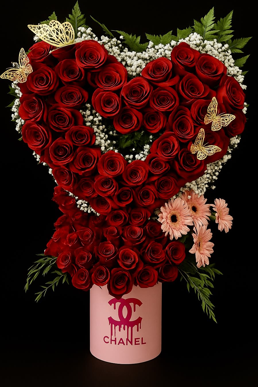 Tall red rose heart arrangement with pink daisies in a pink hatbox with gold butterfly accents