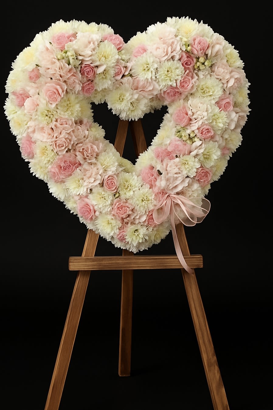 Heart-shaped wreath of white and pale pink flowers on a wooden easel