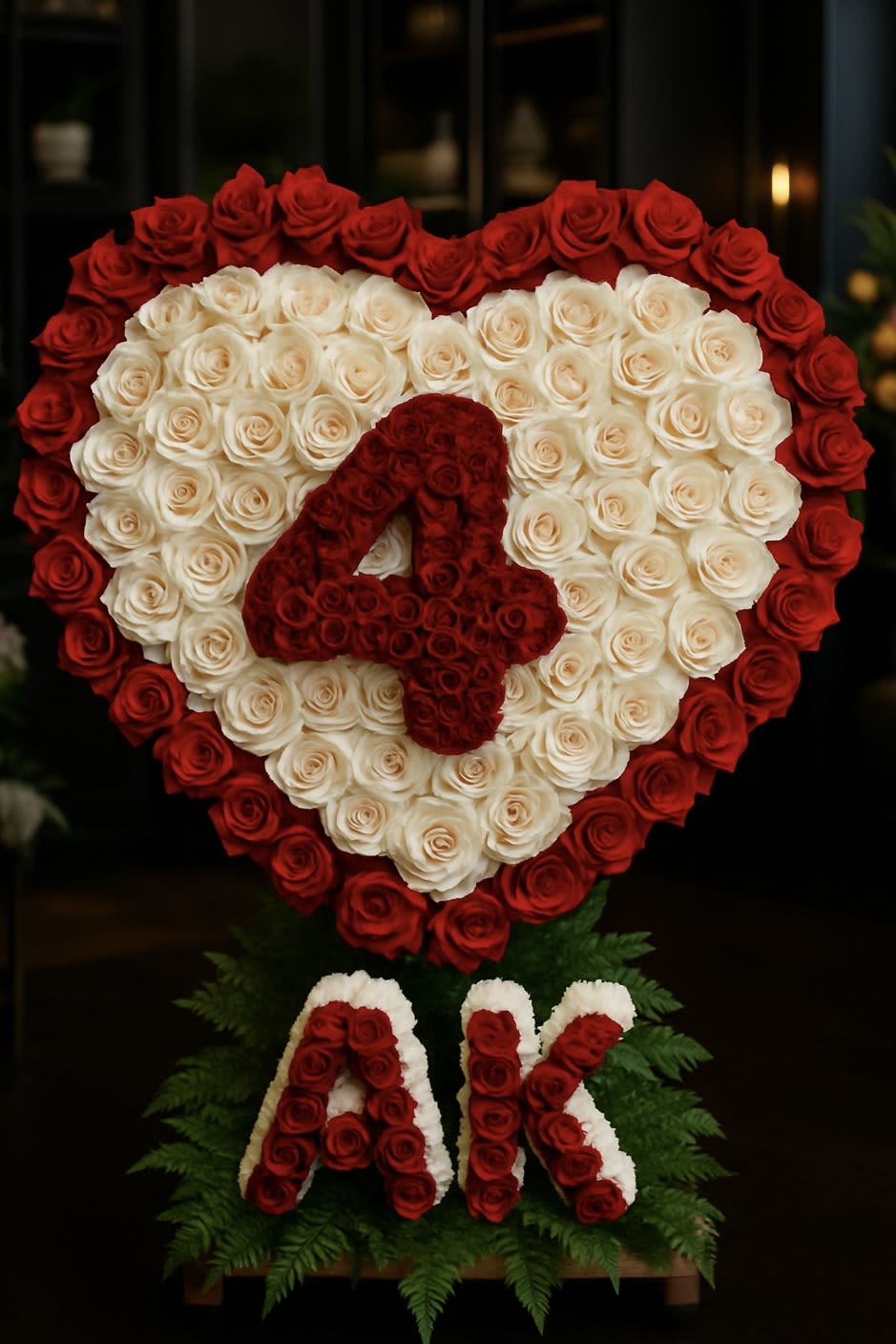 Heart-shaped red and white rose arrangement with a red number 4 and AK initials in roses below.
