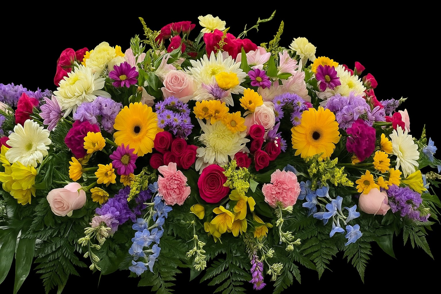 Bright mixed sympathy spray with roses, gerbera daisies, carnations, and mums
