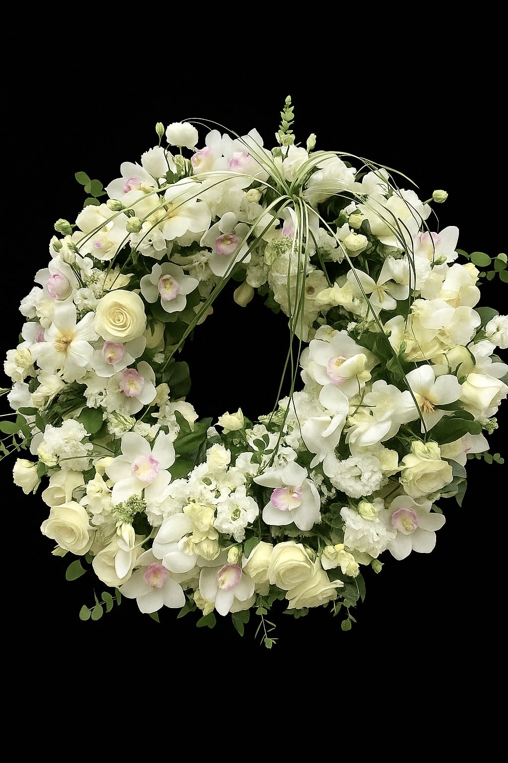 Round wreath of white and ivory flowers with soft pink-tinted orchids on a black background