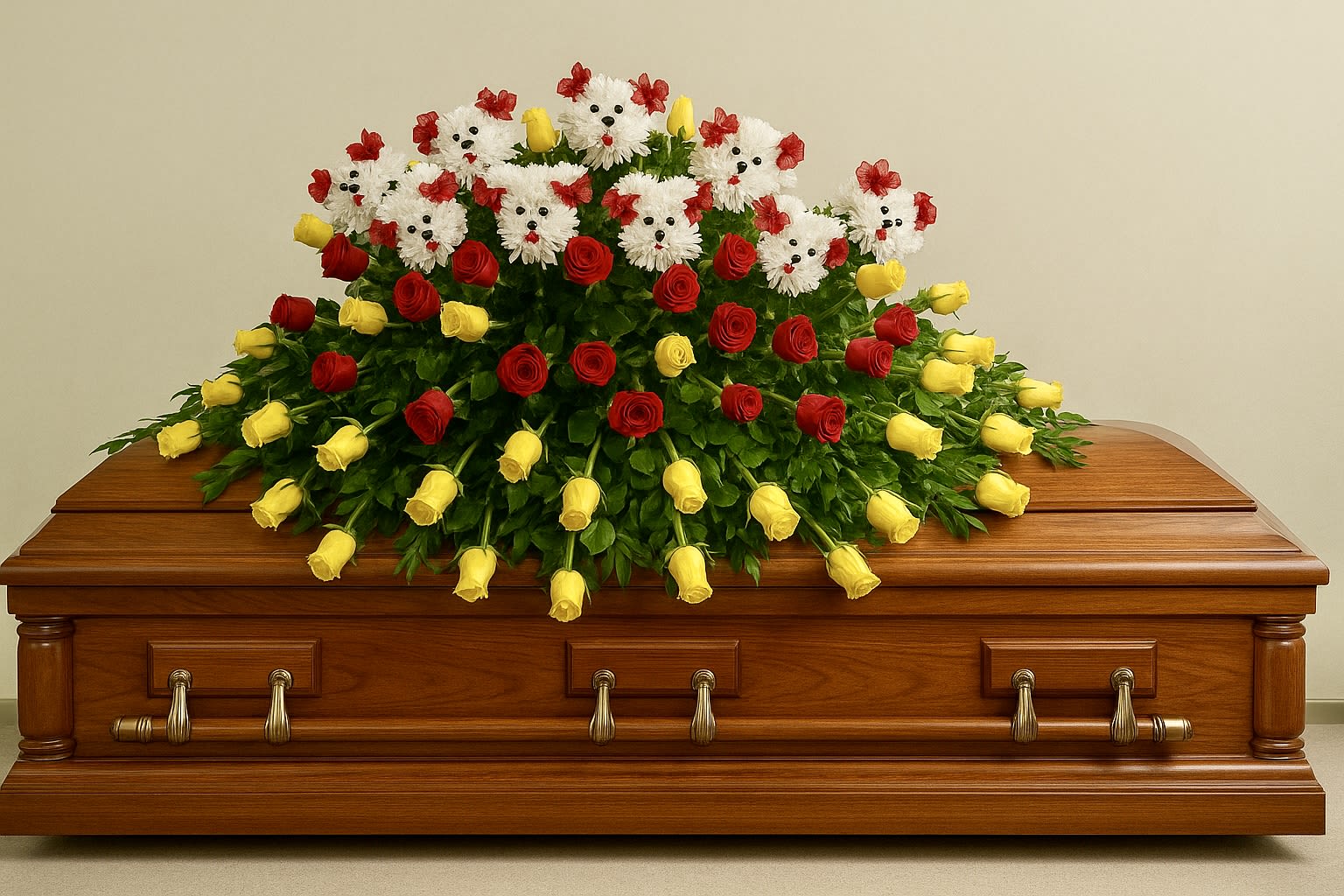 Casket spray of yellow and red roses with white dog-shaped mums on a wooden coffin