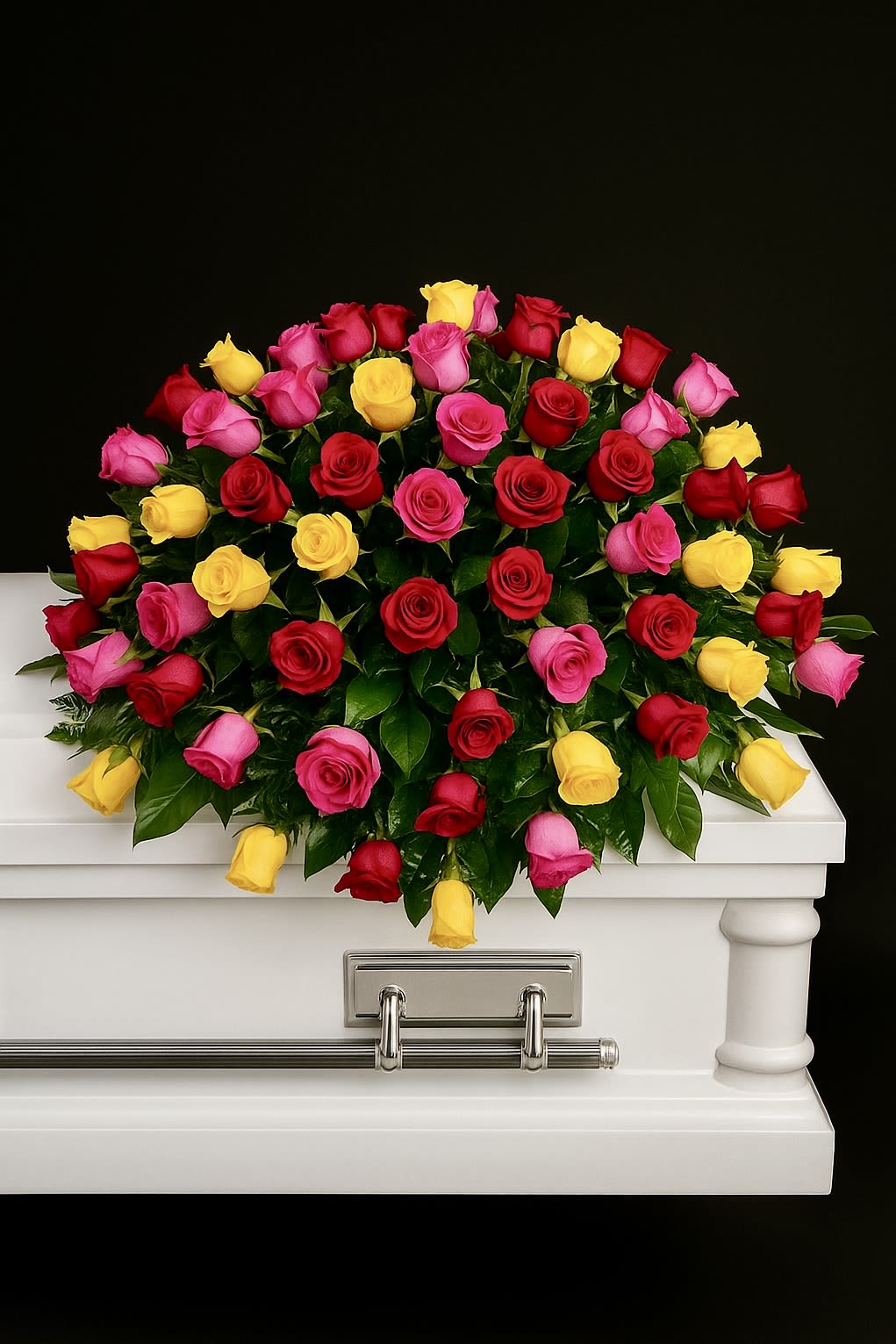 Multicolor rose casket spray of red, pink, and yellow roses on a white casket.