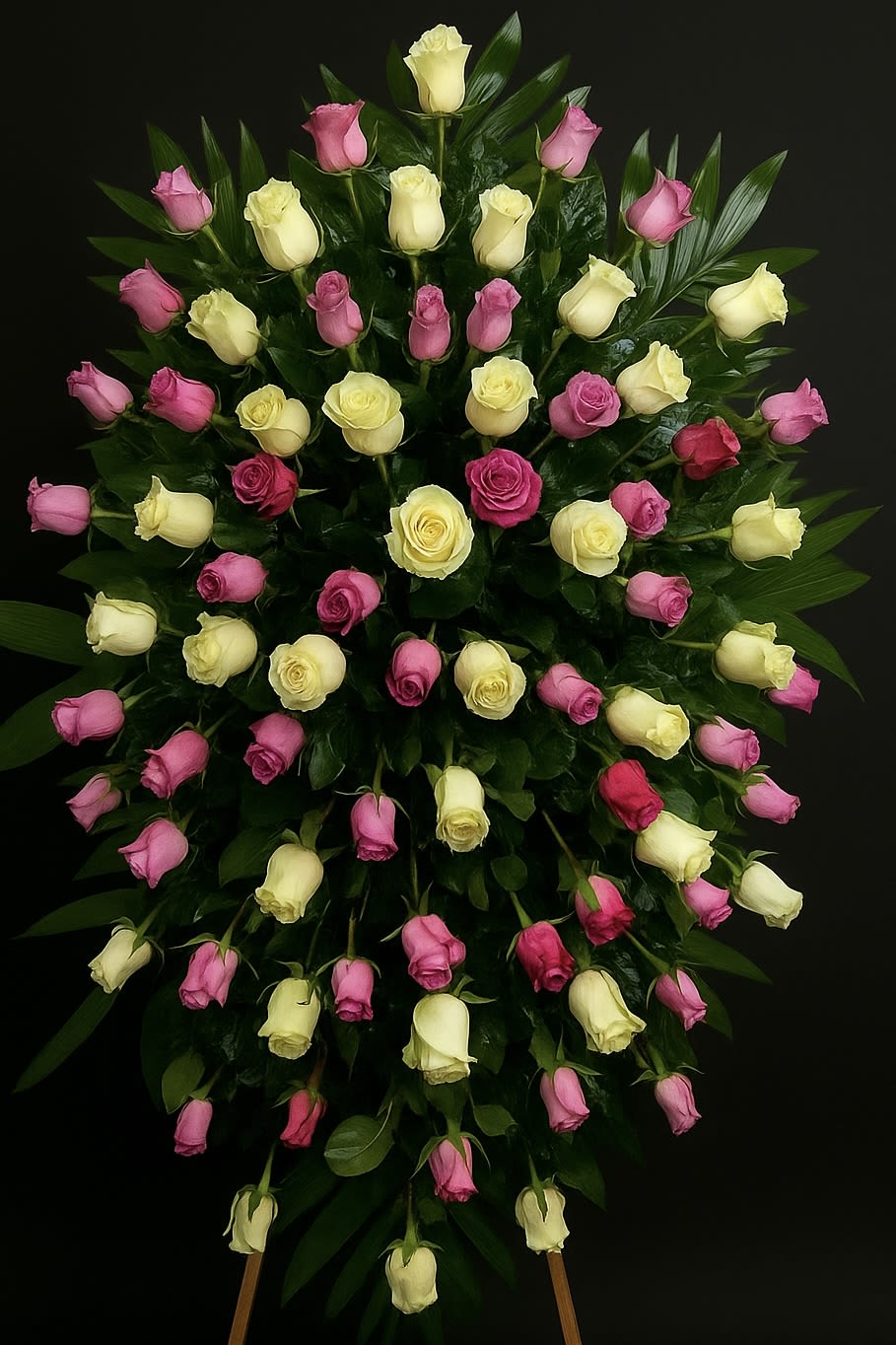 Tall standing spray of pink and pale yellow roses arranged on lush dark foliage