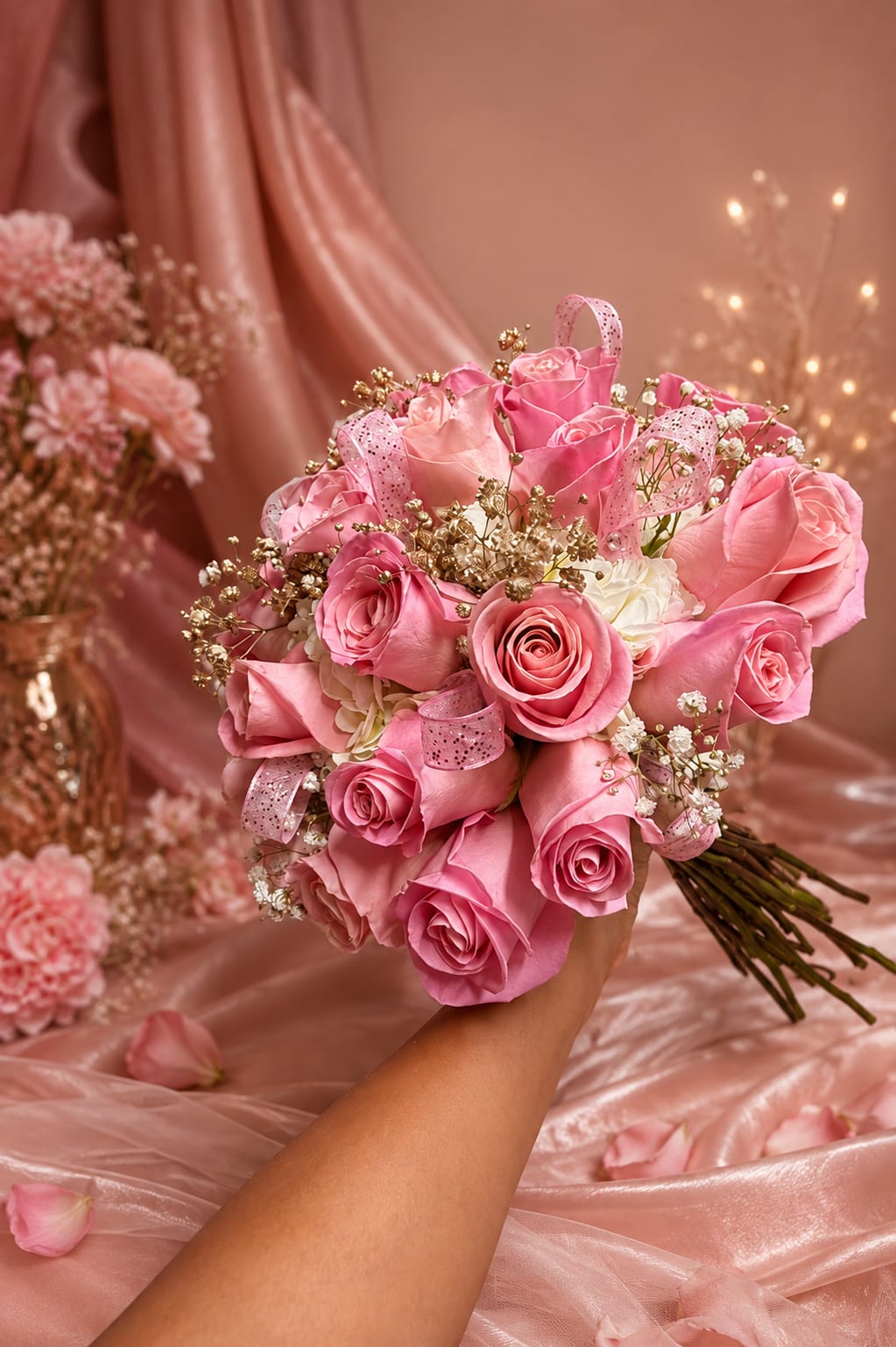 Pink rose bouquet with white filler flowers and ribbon accents
