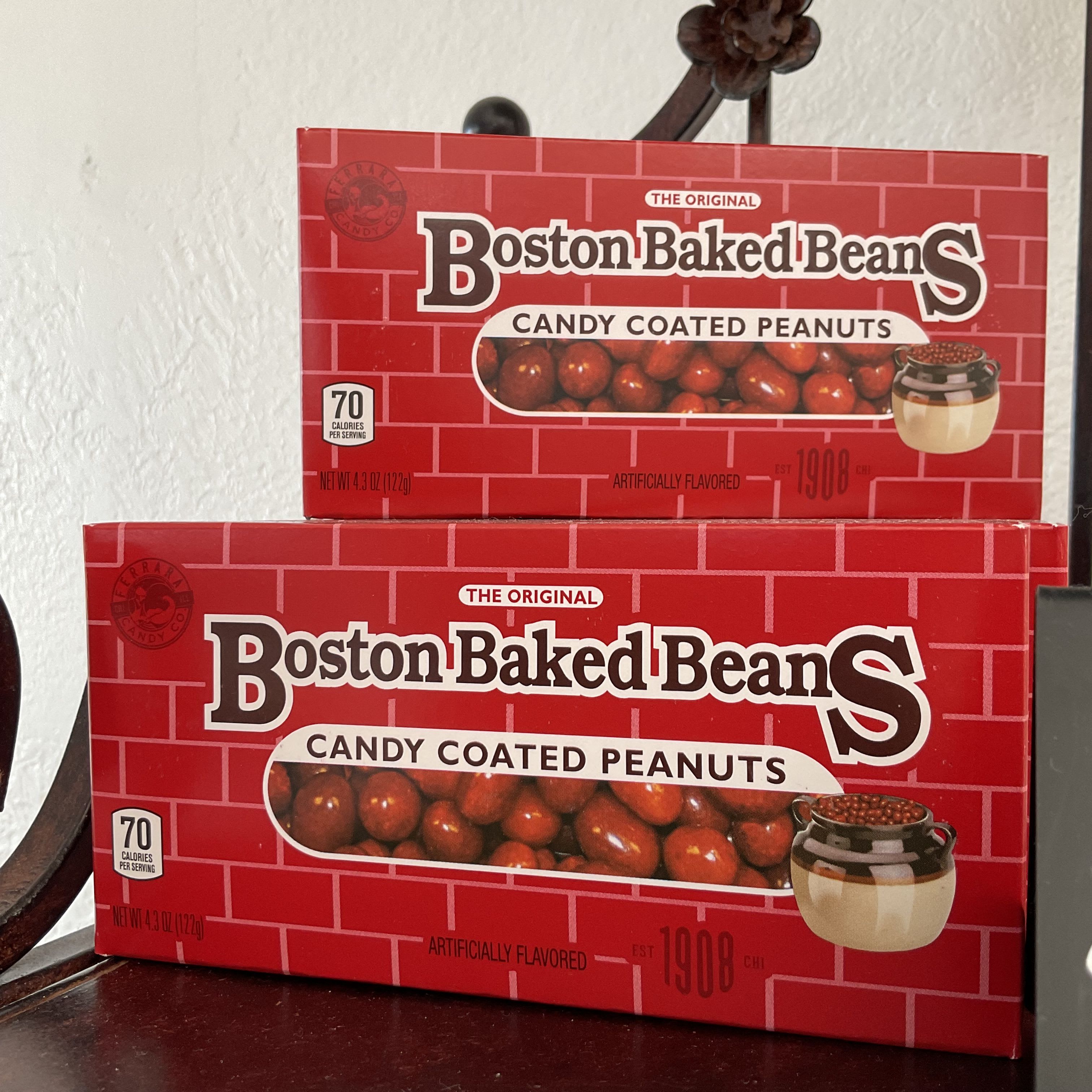 Two boxes of Boston Baked Beans candy coated peanuts