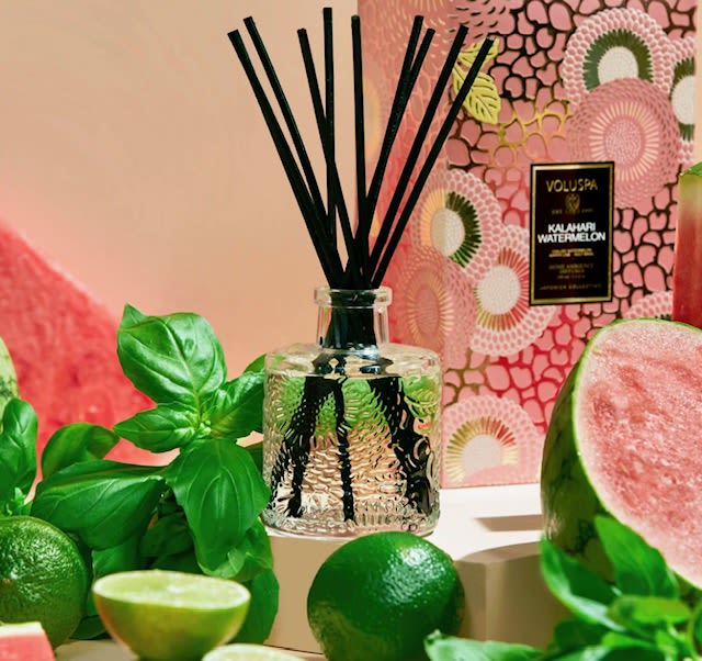 Glass reed diffuser with black sticks beside watermelon slices and green leaves