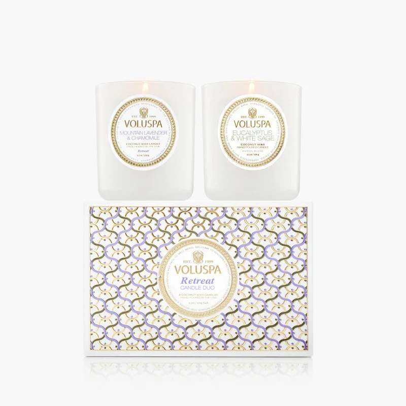 Voluspa Retreat Candle Duo - Includes two 9.5oz Classic Candles: Mountain Lavender &amp; Chamomile and Eucalyptus &amp; White Sage.
