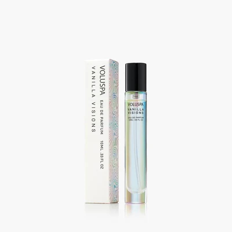 Voluspa Eau de Parfum Vanilla Visions - A radiant blend of Sugared Vanilla, Amber, and Rum Soaked Sandalwood, designed to evolve with your skin chemistry. Each custom designed bottle is a harmonious intersection of artfully sculpted glass, bespoke patterns, expressive colors and lively finishes. Each perfume fuels your momentum for self expression through the invisible power of scent.