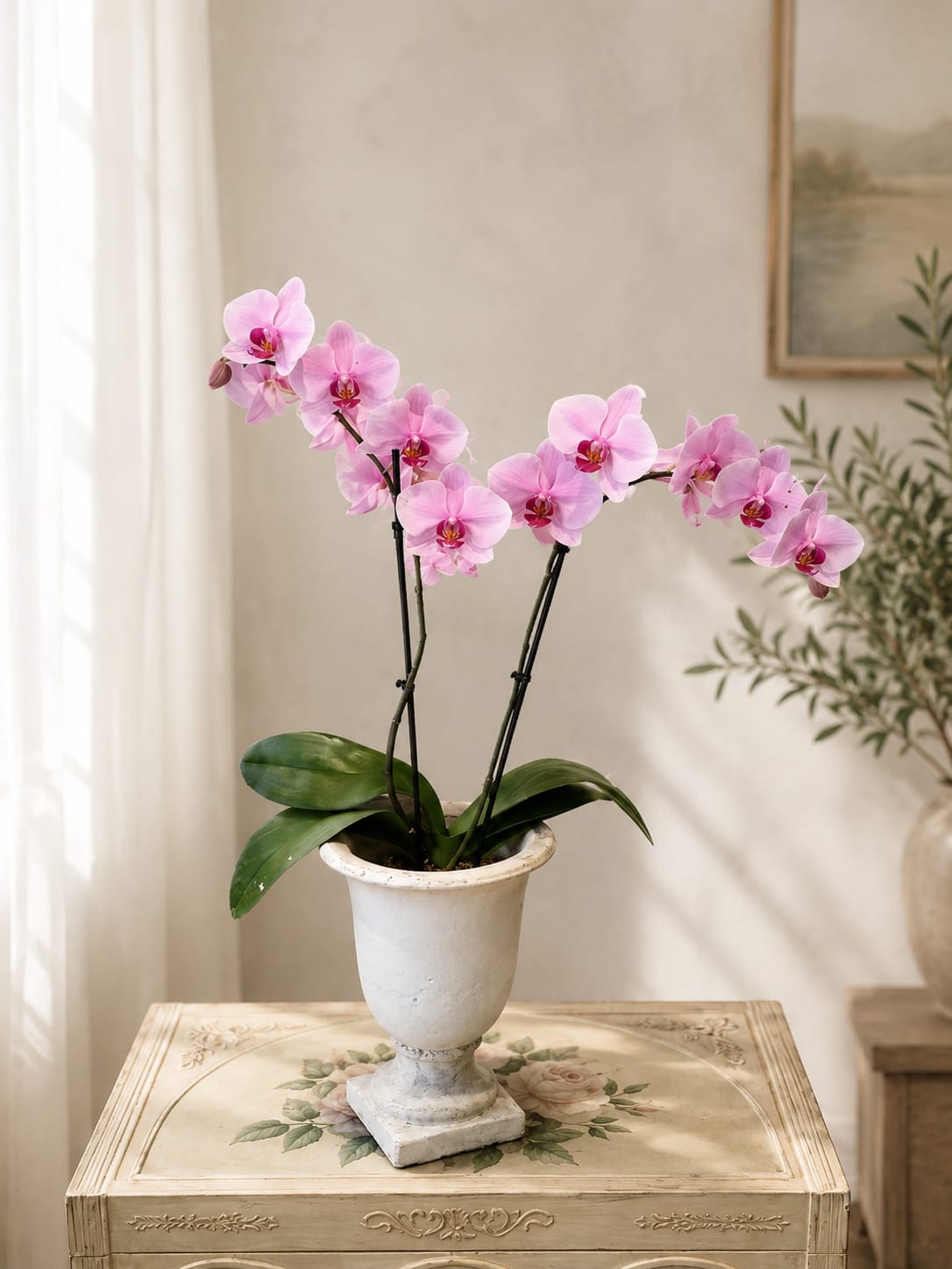 Pink orchid plant in a white pedestal urn on a decorative table