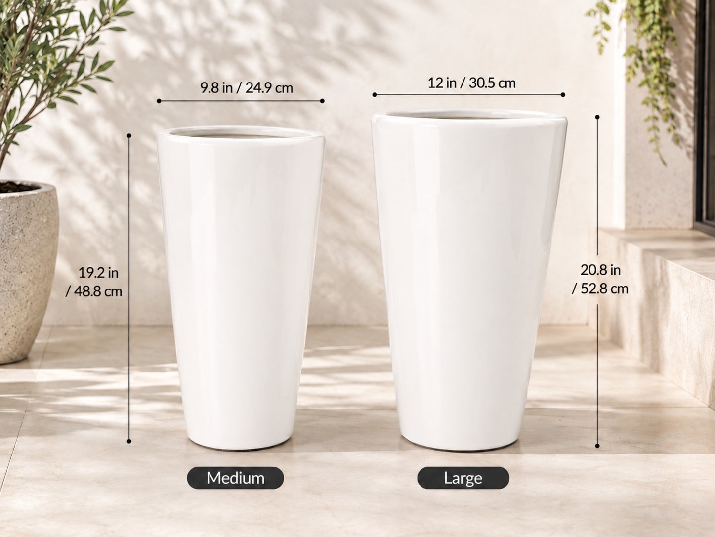 Two tall white tapered planters shown side by side with size labels.