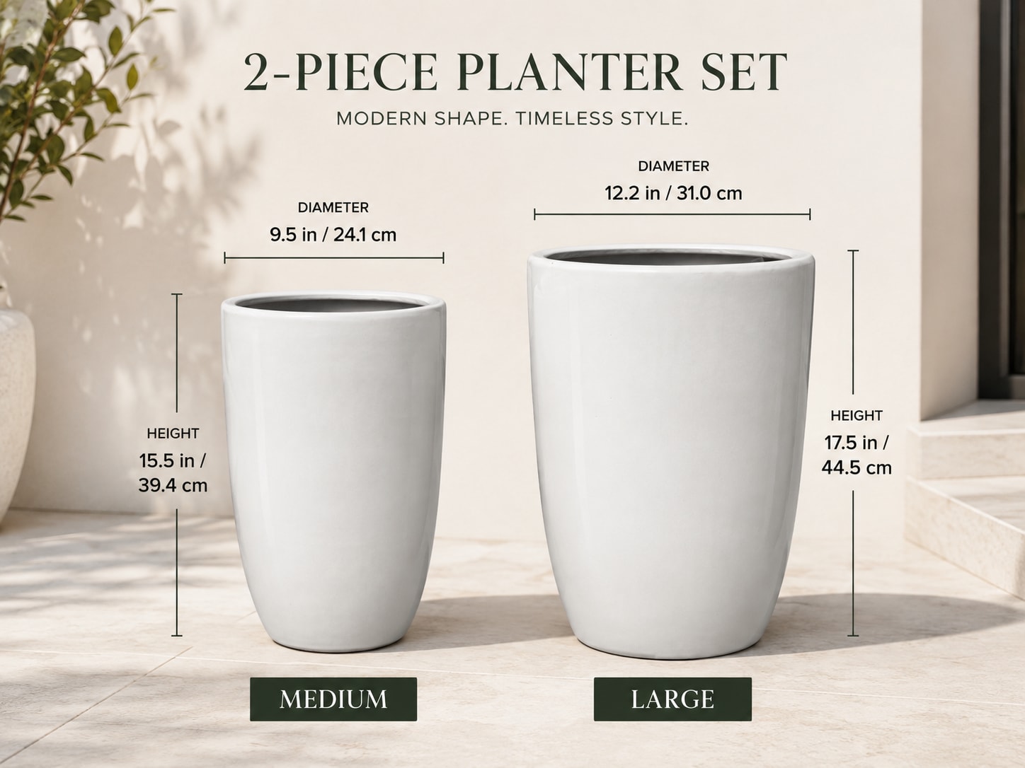 Two white ceramic planter pots in medium and large sizes