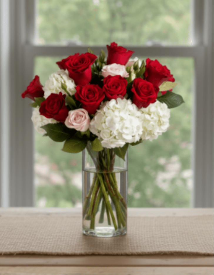 Red roses and white hydrangeas in a clear glass vase
