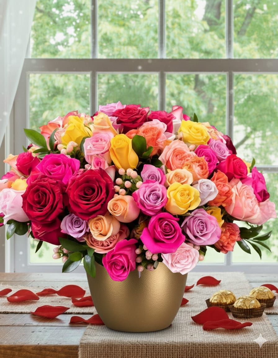 Mixed roses in a gold vase with rose petals and chocolates