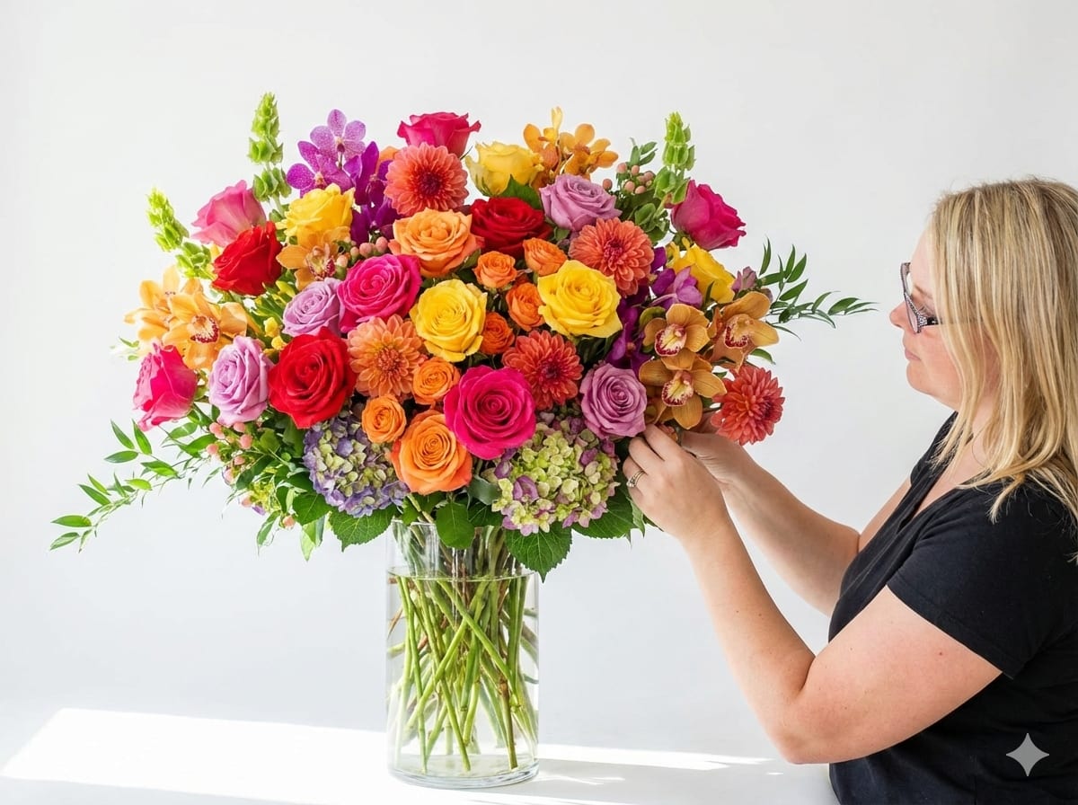 Large mixed bouquet of colorful roses and orchids in a glass vase