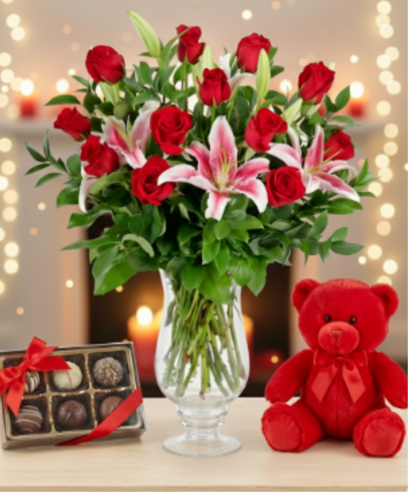 The Ultimate Valentine’s Day Trio - Give the ultimate expression of love with the Sacramento Sweetheart Grand Bundle, curated exclusively for local Valentine’s Day delivery. Bear and Candy May vary  This premier gift set features a stunning luxury floral arrangement of premium Red roses, expertly styled in a tall, footed  vase. To make this gesture even more unforgettable, we’ve paired our signature blooms with a cuddly teddy bear and a gourmet 6-piece box of artisan chocolates.  Whether you’re looking for a romantic surprise in Midtown, a grand gesture in East Sacramento, or a thoughtful gift in Arden-Arcade, or trans world this bundle is the perfect way to say "I love you." As a leading Sacramento florist, we specialize in hand-crafted designs that bring joy to every doorstep.