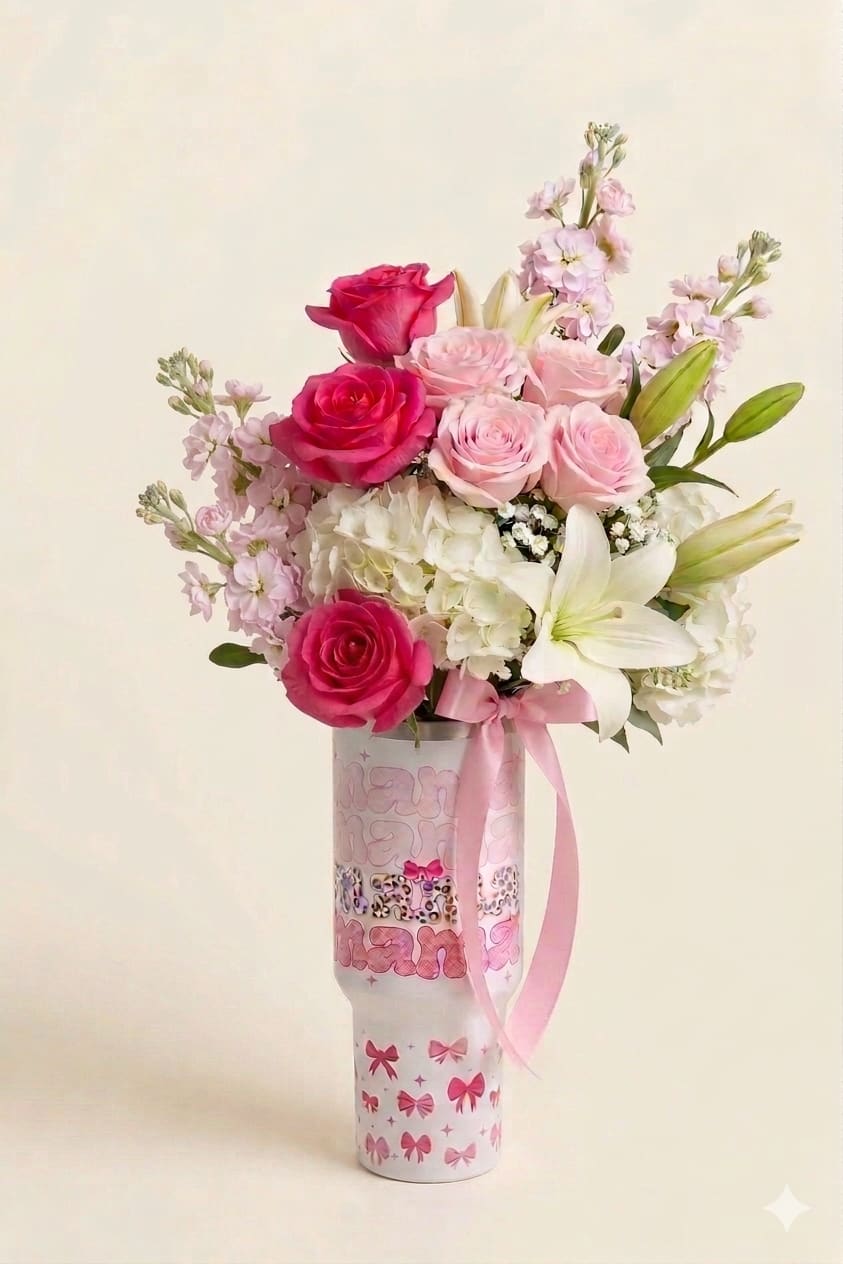 Mama's Love Floral Tumbler - Mama's Love Floral Tumbler Celebrate the special woman in your life with a gift that blends professional floral artistry with everyday utility. This unique arrangement is designed specifically for our exclusive "Mama" tumbler, making it a perfect selection for Mother's Day or any day you want to show your appreciation.