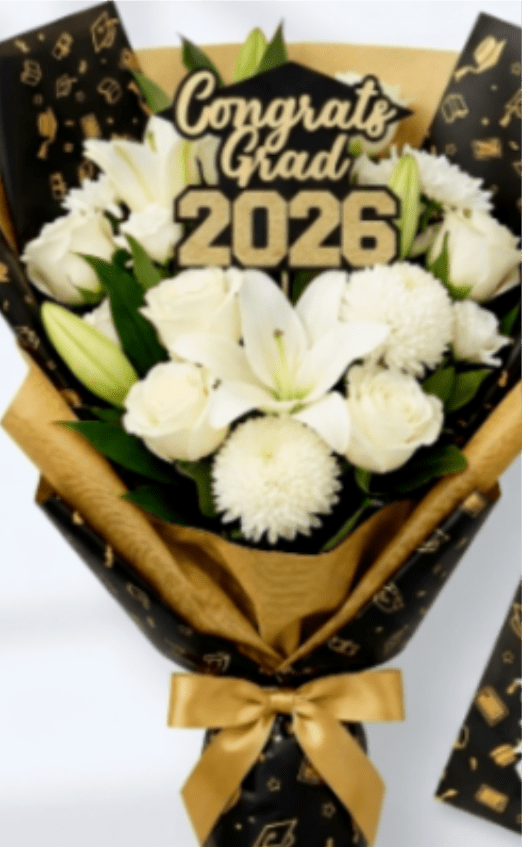 Grad Wrapped Bouquet  - This makes the perfect gift for any Grad to present at graduation or a a party- fresh spring floral wrapped and adorned in Graduation Flair-  Can customize to school colors or color scheme