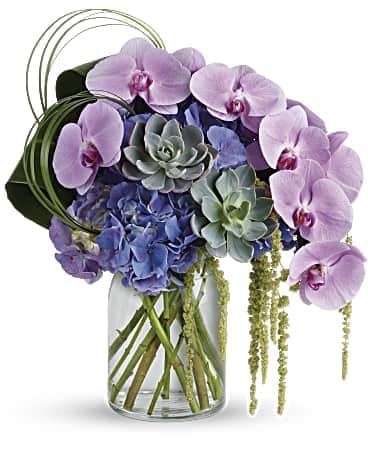 Modern arrangement with lavender orchids, blue hydrangeas, and succulents in a clear glass vase